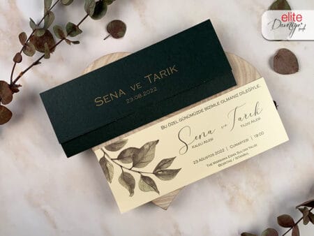 Invitatii nunta verde crem cu model cu frunze