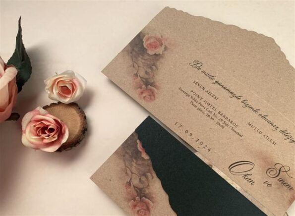 Invitatii nunta fara striatii cu model floral in partea stanga