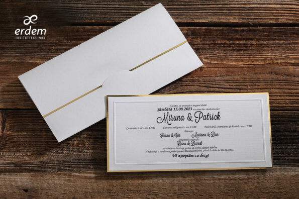 Invitatii nunta eleganta cu plic inclus nuanta ivorie si auriu