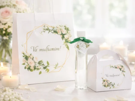 SET Marturie nunta Roses 1 Pungi Cutii 200g Sticle 250ml