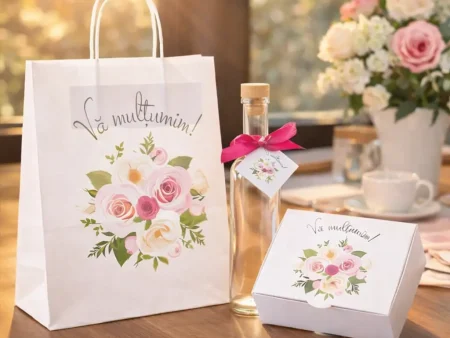 SET Marturie nunta FlowerBouquet 2 Punga Cutie prajituri 200g Sticla 200ml