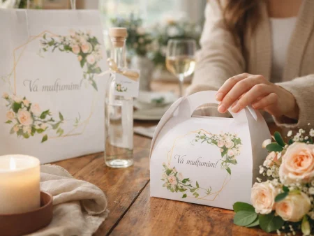 SET Marturie nunta Roses 3 Pungi Cutii 200g Sticle 200ml