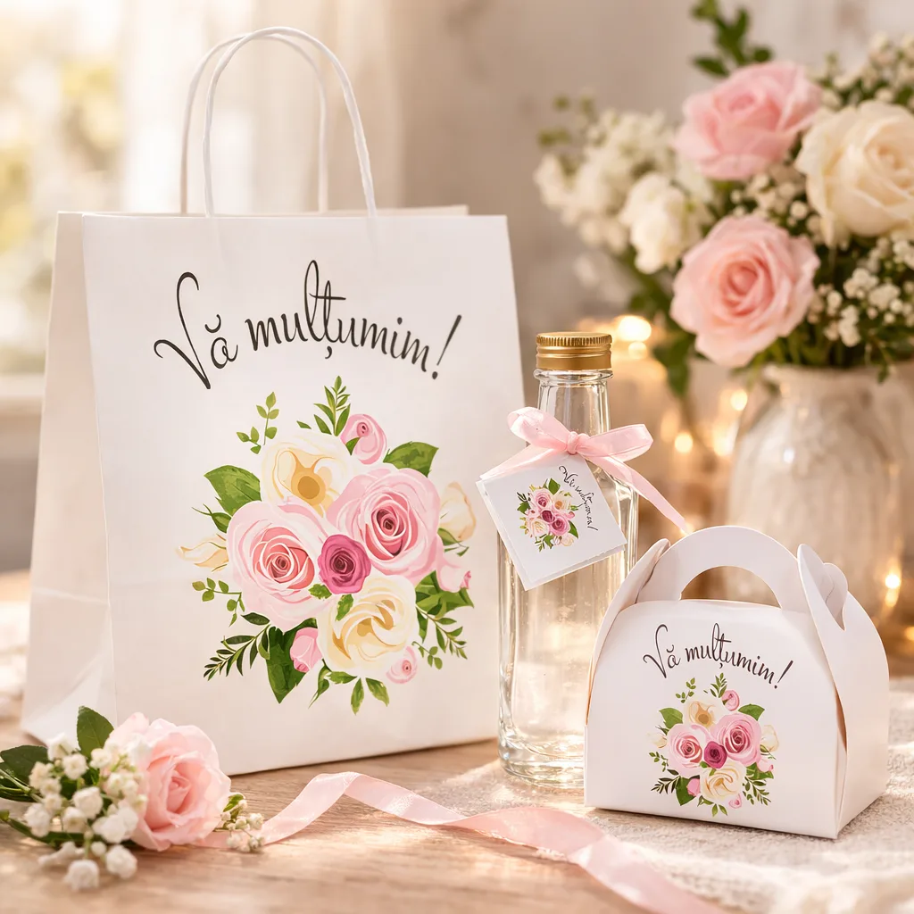 SET Marturie nunta FlowerBouquet 4 Punga Cutie prajituri 200g Sticla 200ml SET Marturie nunta FlowerBouquet 4 Punga Cutie prajituri
200g Sticla 200ml