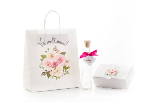 SET Marturie nunta FlowerBouquet 2 Punga Cutie prajituri
 200g Sticla 200ml