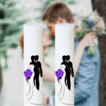 Set 2 Lumânări Nuntă Mire și Mireasă cu Buchet Mov