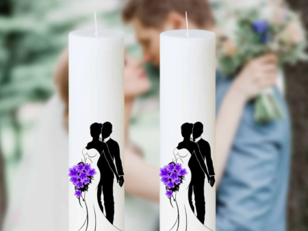 Set 2 Lumânări Nuntă Mire și Mireasă cu Buchet Mov