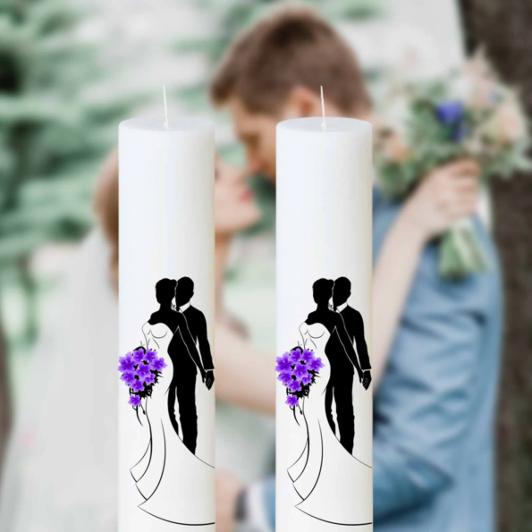 Set 2 Lumânări Nuntă Mire și Mireasă cu Buchet Mov