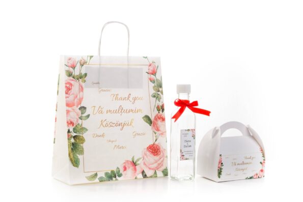 SET Marturie nunta Bujor 1 Punga Cutie prajituri 200g 
Sticla 250ml