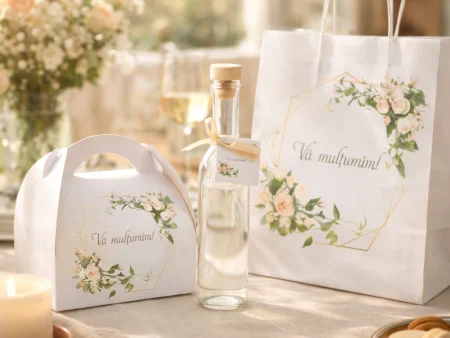 SET Marturie nunta Roses 3 Pungi Cutii 200g Sticle 200ml