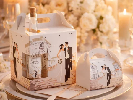 SET Marturie nunta 2 Cutie mare Cutie prajituri 200g Sticla M447