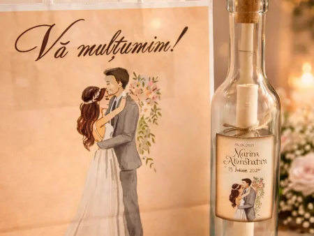 Set Marturii Nunta M63696: Pungi Crem si Sticle 500ml - eMarturii