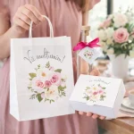 SET Marturie nunta FlowerBouquet 2 Punga Cutie prajituri 200g Sticla 200ml