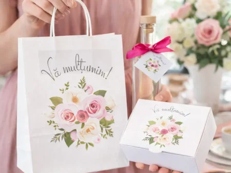 SET Marturie nunta FlowerBouquet 2 Punga Cutie prajituri 200g Sticla 200ml