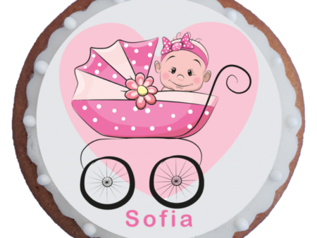 Turta dulce bebelus roz in carucior botez 8 cm