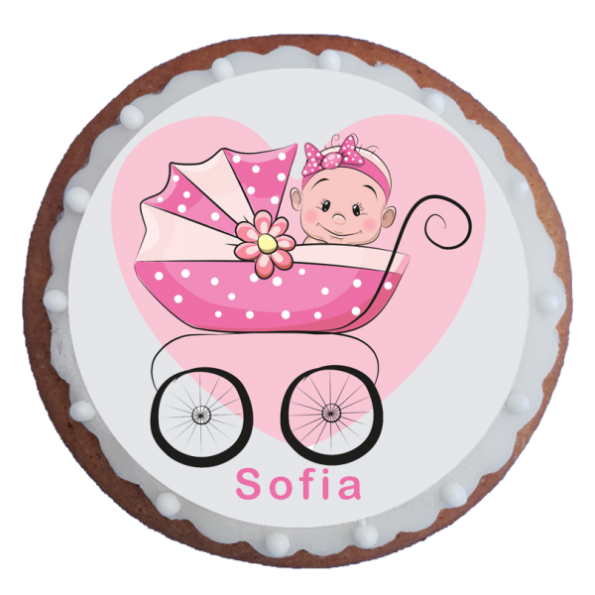 Turta dulce bebelus roz in carucior botez 8 cm
