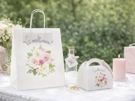 SET Marturie nunta FlowerBouquet 4 Punga Cutie prajituri
200g Sticla 200ml