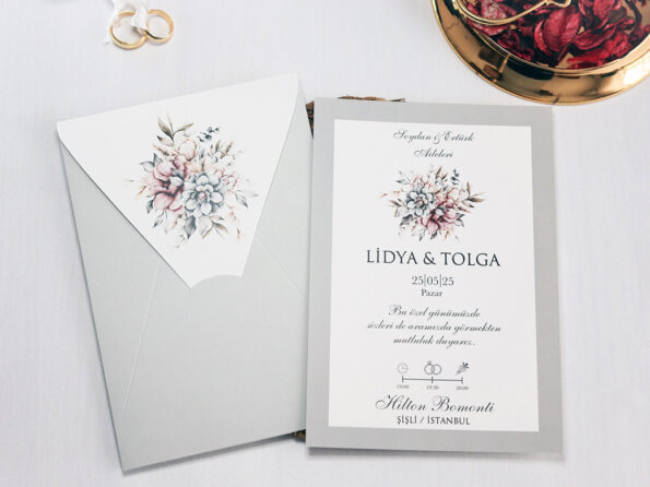 Invitatie nunta gri cu flori 2450