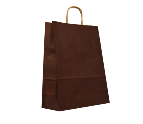 Sacosa hartie kraft cu maner rasucit, ciocolatiu, cadouri, cumparaturi, 90g, 25x11x31 cm