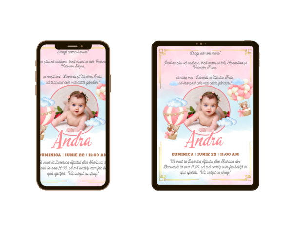 Invitatii de nunta elegante printate sau digitale - 2 variante Invitatie online botez roz cu poza