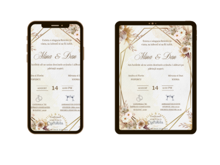Invitatie online nunta aurie cu trandafiri