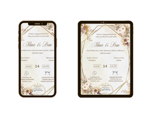 Cum sa alegi invitatiile de nunta potrivite? 4 idei Invitatie online nunta aurie cu trandafiri