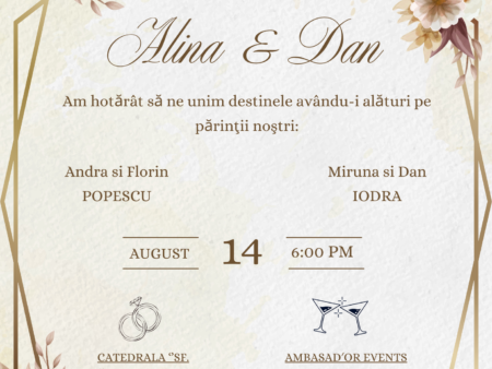 Invitatie online nunta aurie cu trandafiri