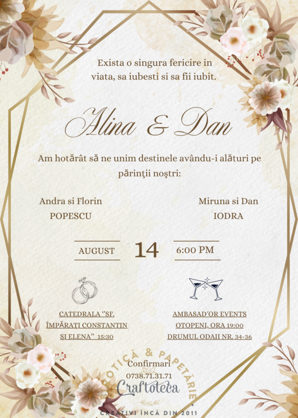 Invitatie online nunta aurie cu trandafiri