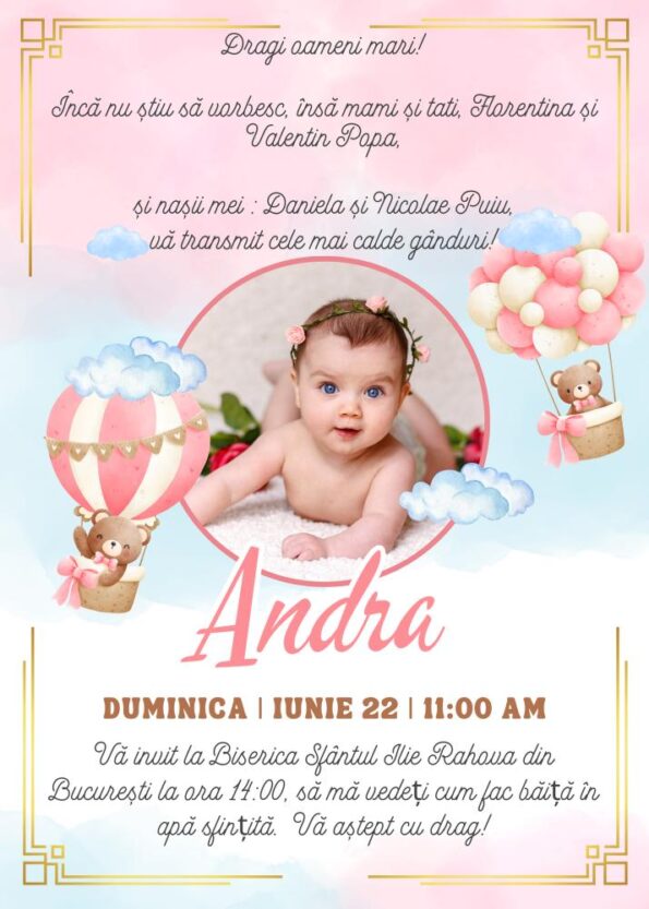 Invitatie online botez roz cu poza