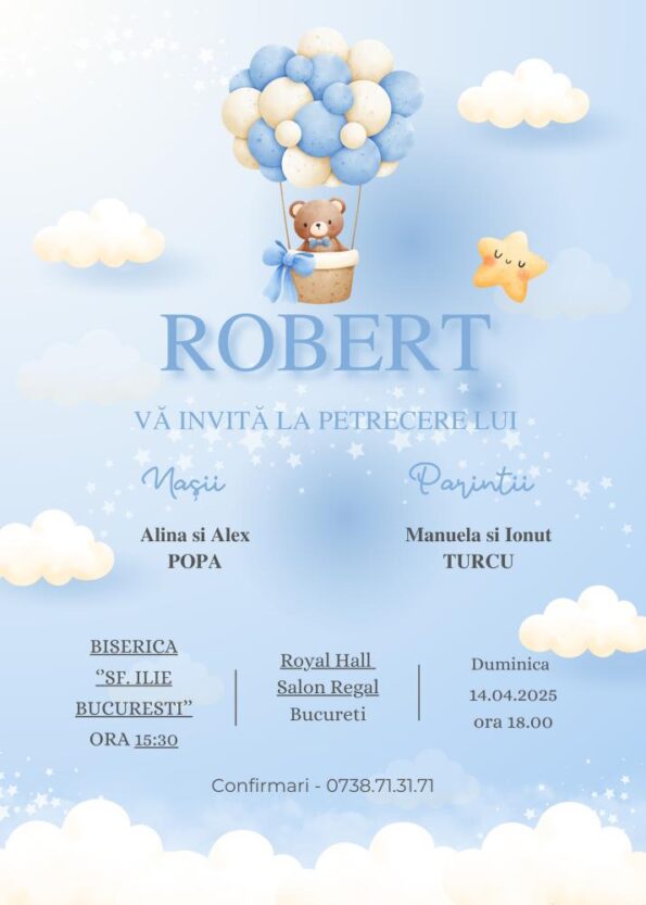 Invitatie online botez albastra cu baloane