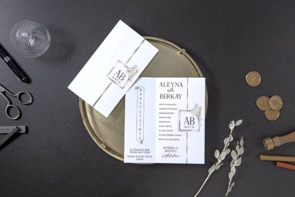 Invitatie nunta alba cu auriu 7141