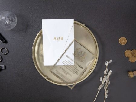 Invitatie nunta aurie plexiglas 7080