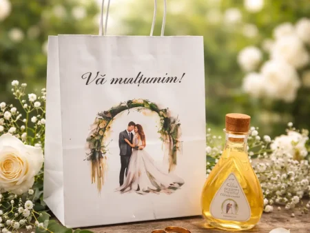Set Marturii Nunta: Sticluta Pet9 si Punga Florala Personalizata