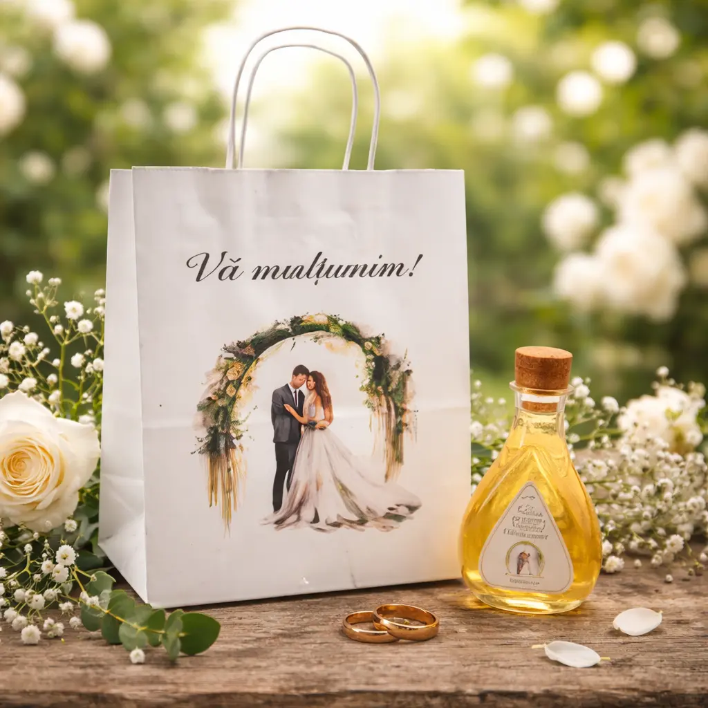 Set Marturii Nunta: Sticluta Pet9 si Punga Florala Personalizata Set Marturii Nunta: Sticluta Pet9 si Punga Florala Personalizata