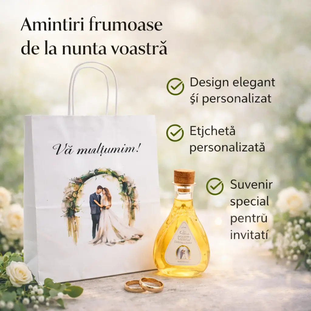 Set Marturii Nunta: Sticluta Pet9 si Punga Florala Personalizata Set Marturii Nunta: Sticluta Pet9 si Punga Florala Personalizata