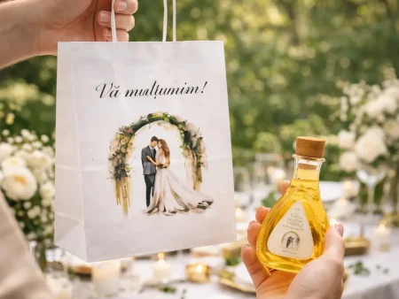 Set Marturii Nunta: Sticluta Pet9 si Punga Florala Personalizata