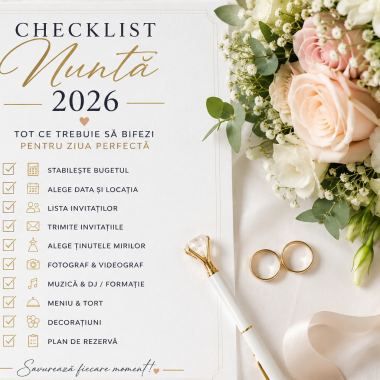 Checklist Nunta 2026: Tot ce trebuie sa bifezi pentru ziua perfecta 1 Checklist Nunta 2026: Tot ce trebuie sa bifezi pentru ziua perfecta